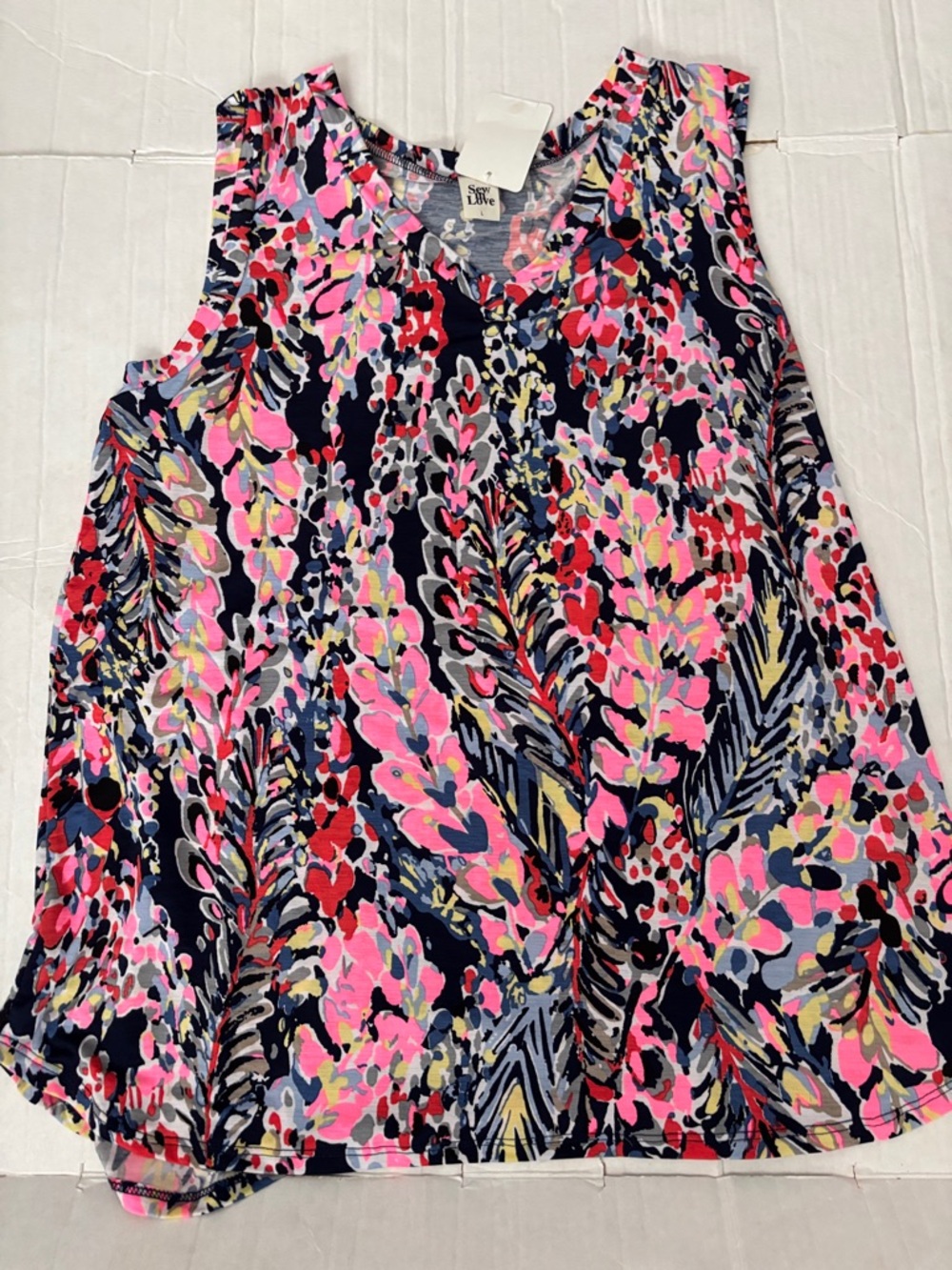 Sew In Love Navy Tank Top with Pink Floral Print